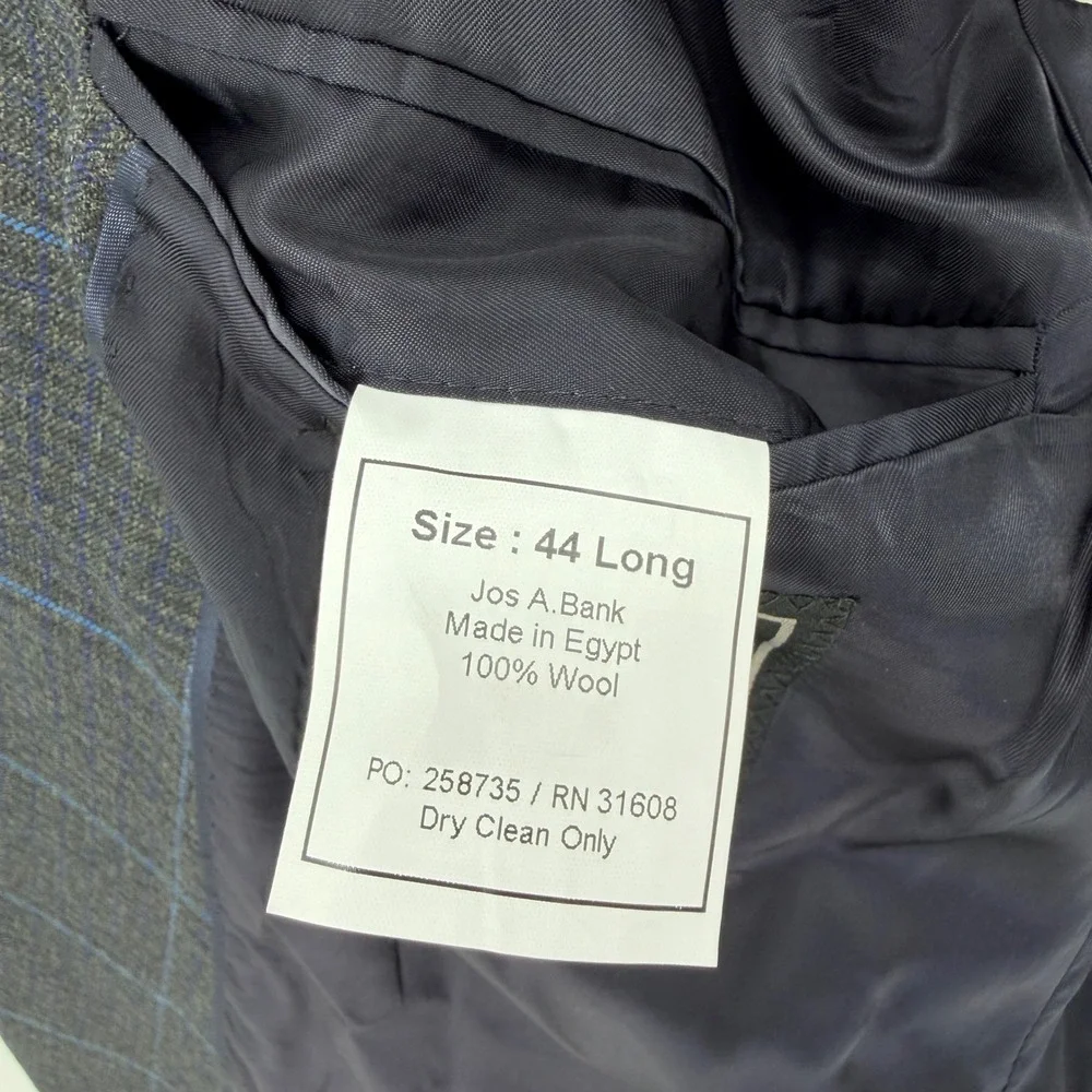 Jos. A. Bank Signature Charcoal Blue Windowpane Plaid 100% Wool Blazer 44 Long